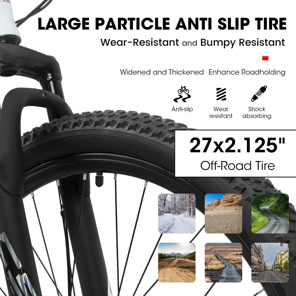 Juuar 27" Mountain Bike, 21 Speed High Carbon Steel Frame Bicycle with Suspension Fork Disc Brake for Men Women, White