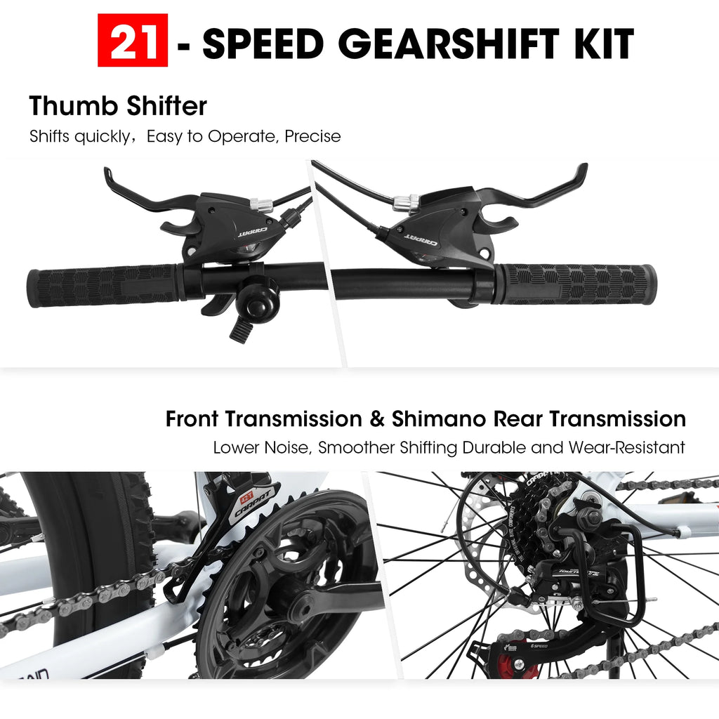 Juuar 27" Mountain Bike, 21 Speed High Carbon Steel Frame Bicycle with Suspension Fork Disc Brake for Men Women, White
