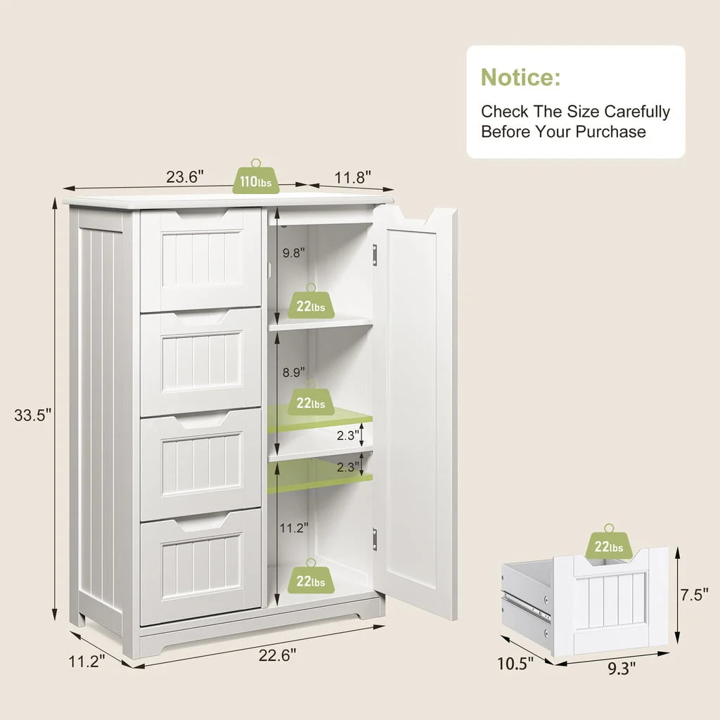 Aiho 33.5 "h Wooden Bathroom Floor Cabinet with 4 Drawers and 1 Door for Bathroom, Kitchen, Bedroom - White