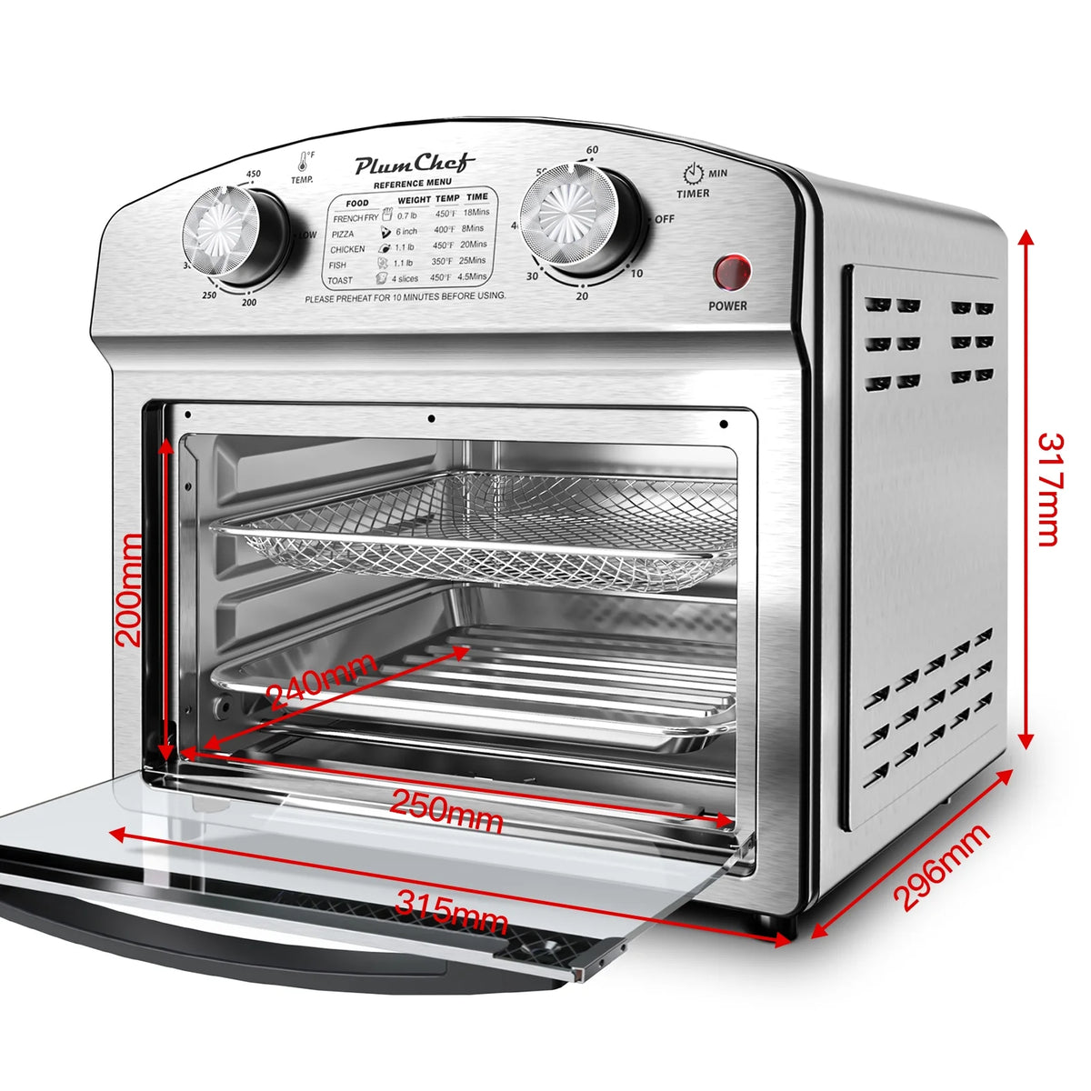 Plumchef 12 Quart 4 Slices Air Fryer Convection Toaster Oven, 1500W, 4 Cooking Modes, 7 in 1 Multifunction with Roast, Bake, Grill, Broil, Toast, Dehydrate, Defrost, Stainless Stee