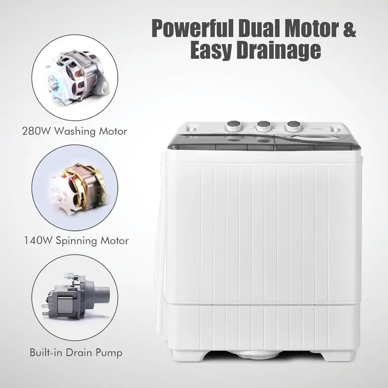 COSTWAY Twin-Tub Portable Washer – 26 lb Total Capacity (18 lb Wash + 8 lb Spin), Built-in Drain Pump & Timer Knob for Small Spaces