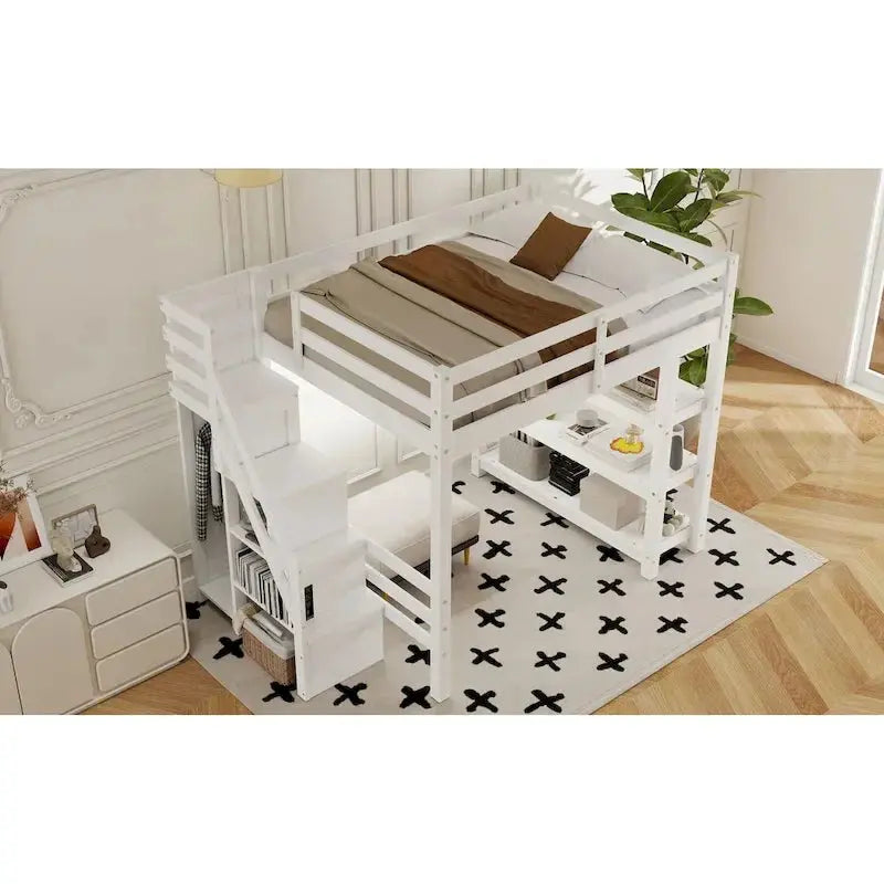 Full/Twin Loft Bed with Integrated Storage Stairs, Wardrobe, Shelves & LED Lighting