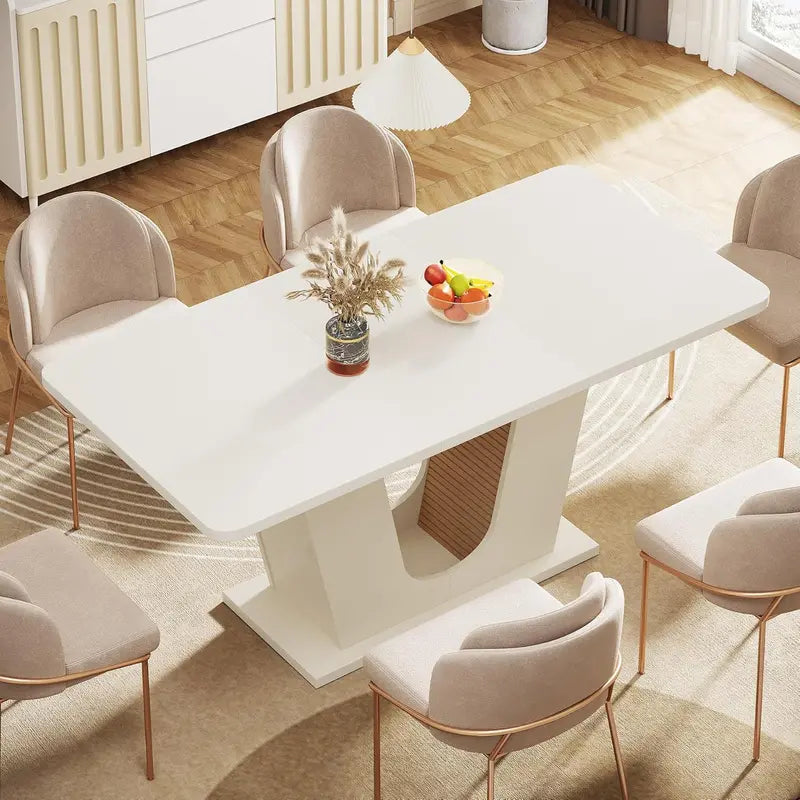 Cream-White Rectangular Dining Table – U-Base 55-Inch Table for 4–6 in Apartment or Dining Room