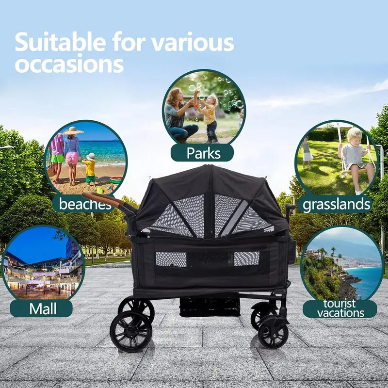 Lightweight Foldable Double Wagon Stroller – Push-Pull Travel Stroller for Newborns & Toddlers, 5-Point Safety Harness, Canopy, Tray Table & Cup Holder