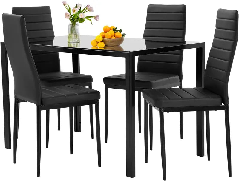 Compact Glass Dining Set for Small Spaces – Modern Black Rectangular Table & 4 Chairs for Kitchen or Dining