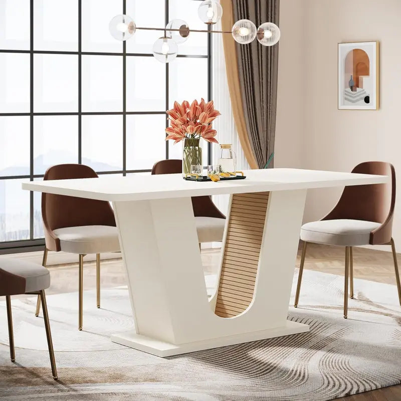 Cream-White Rectangular Dining Table – U-Base 55-Inch Table for 4–6 in Apartment or Dining Room