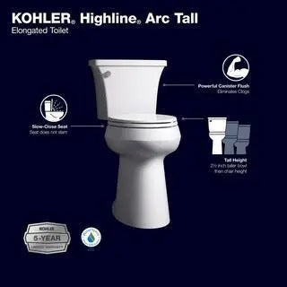KOHLER Highline Arc Extra-Tall Elongated Toilet – 1.28 GPF Single-Flush, White, Includes Soft-Close Seat