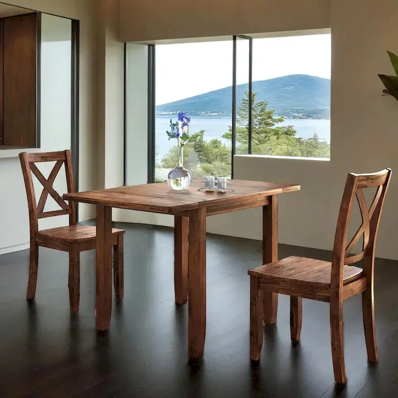 Compact 3-Piece Breakfast Nook Set – Drop-Leaf Wood Dining Table with Two X-Back Chairs
