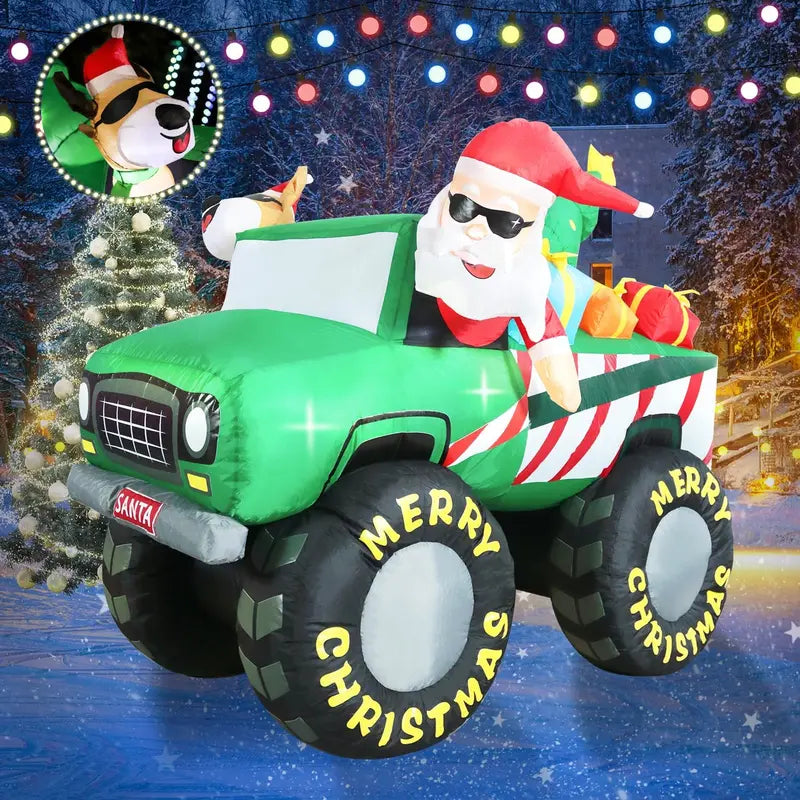 DomKom 8FT Christmas Inflatable Santa & Reindeer Monster Truck with LED Lights – Outdoor Holiday Yard Decoration