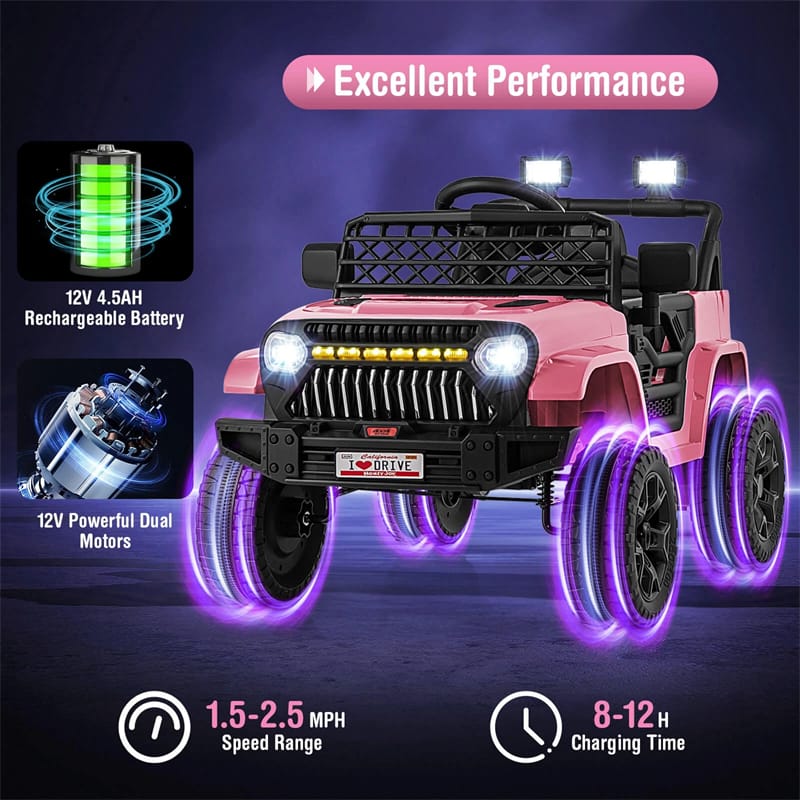 12V Kids Ride On Truck Car, Battery Powered Electric Vehicle with Parental Remote, LED Lights & Music Player for Boys & Girls Aged 3+
