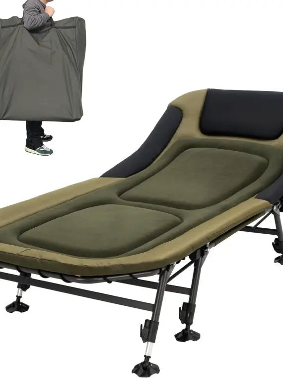 Portable Military Camping Cot for Adults 330lbs – Heavy Duty Folding Bed with Soft Padded Cushion, 180° Adjustable Reclining Outdoor Lounger, Green
