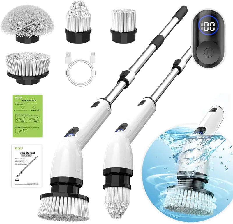 Cordless Electric Spin Scrubber – IPX7 Waterproof, LCD Display, Adjustable Handle & Multi-Surface Cleaning Brush