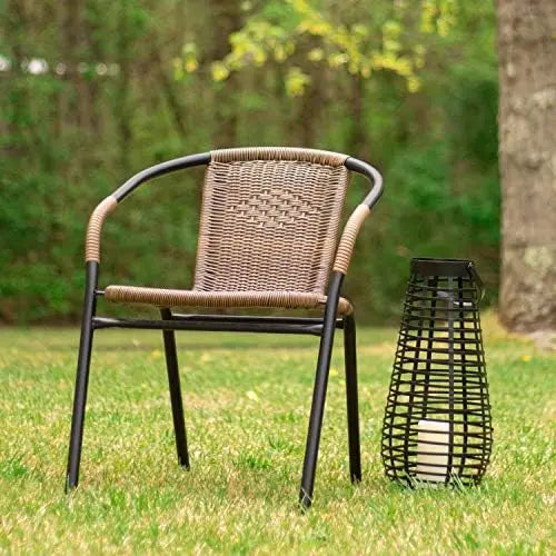 EMMA + OLIVER Brown Rattan Dining Chair | 2 Pack | Indoor-Outdoor | Stackable | Medium