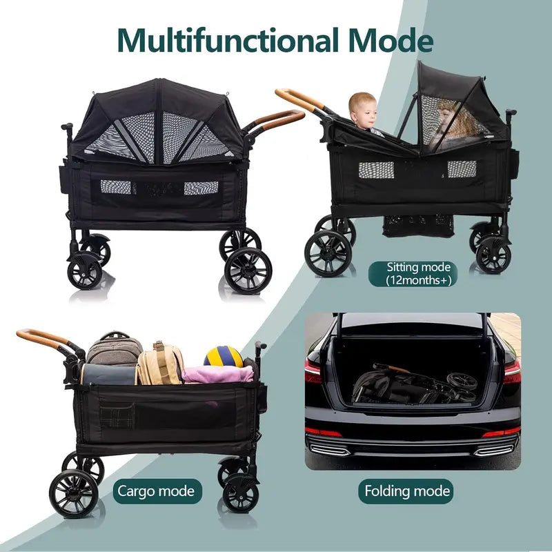 Lightweight Foldable Double Wagon Stroller – Push-Pull Travel Stroller for Newborns & Toddlers, 5-Point Safety Harness, Canopy, Tray Table & Cup Holder