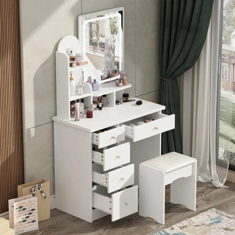 LED-Lit Makeup Vanity Desk Set – Includes Mirror, Adjustable Lighting, and Matching Stool