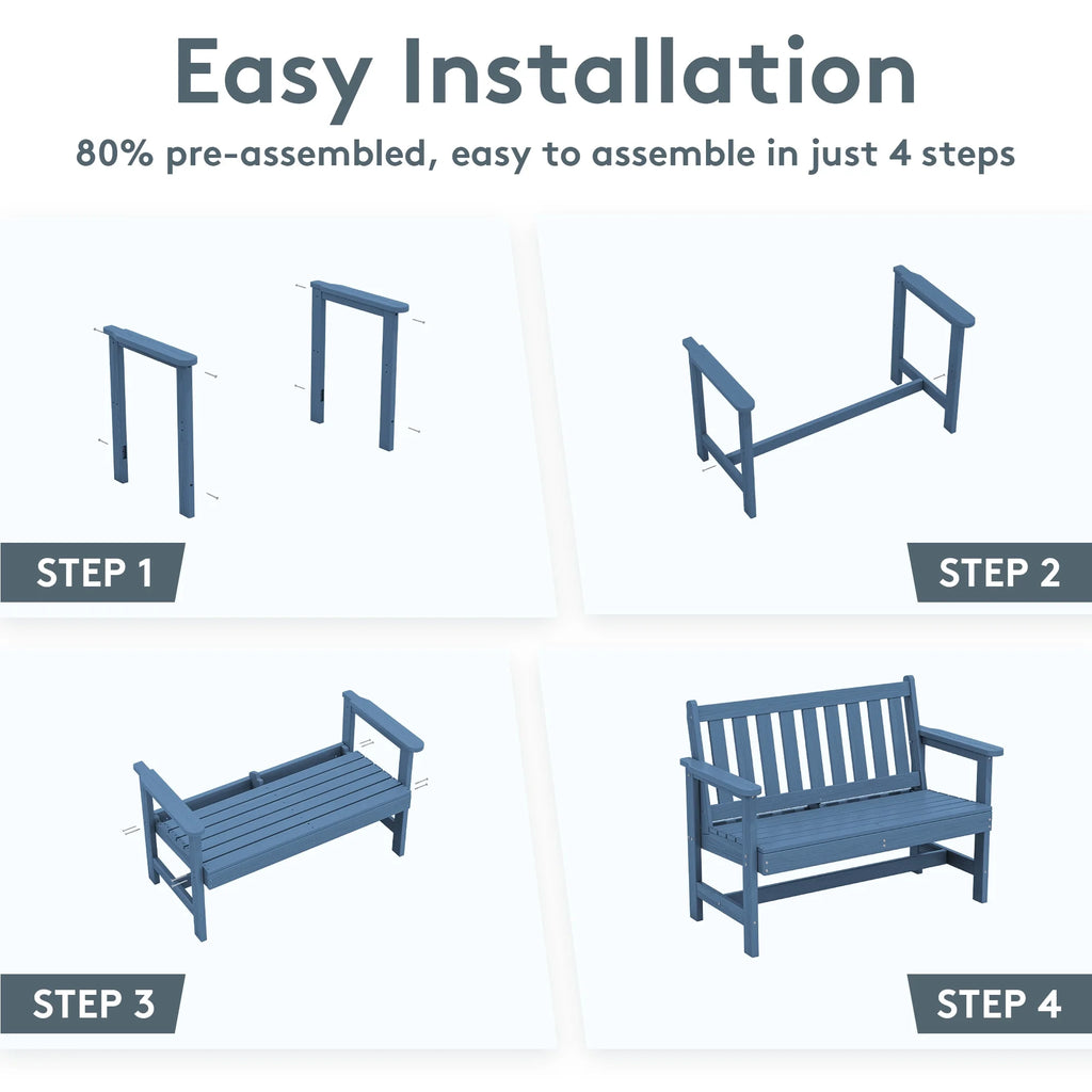 SERWALL Outdoor Bench for 2 - Person, Weather - Resistant HDPE with Aluminum Reinforcement, Supports 660 lb, Comfortable Seating for Patio, Garden, and Porch, Black