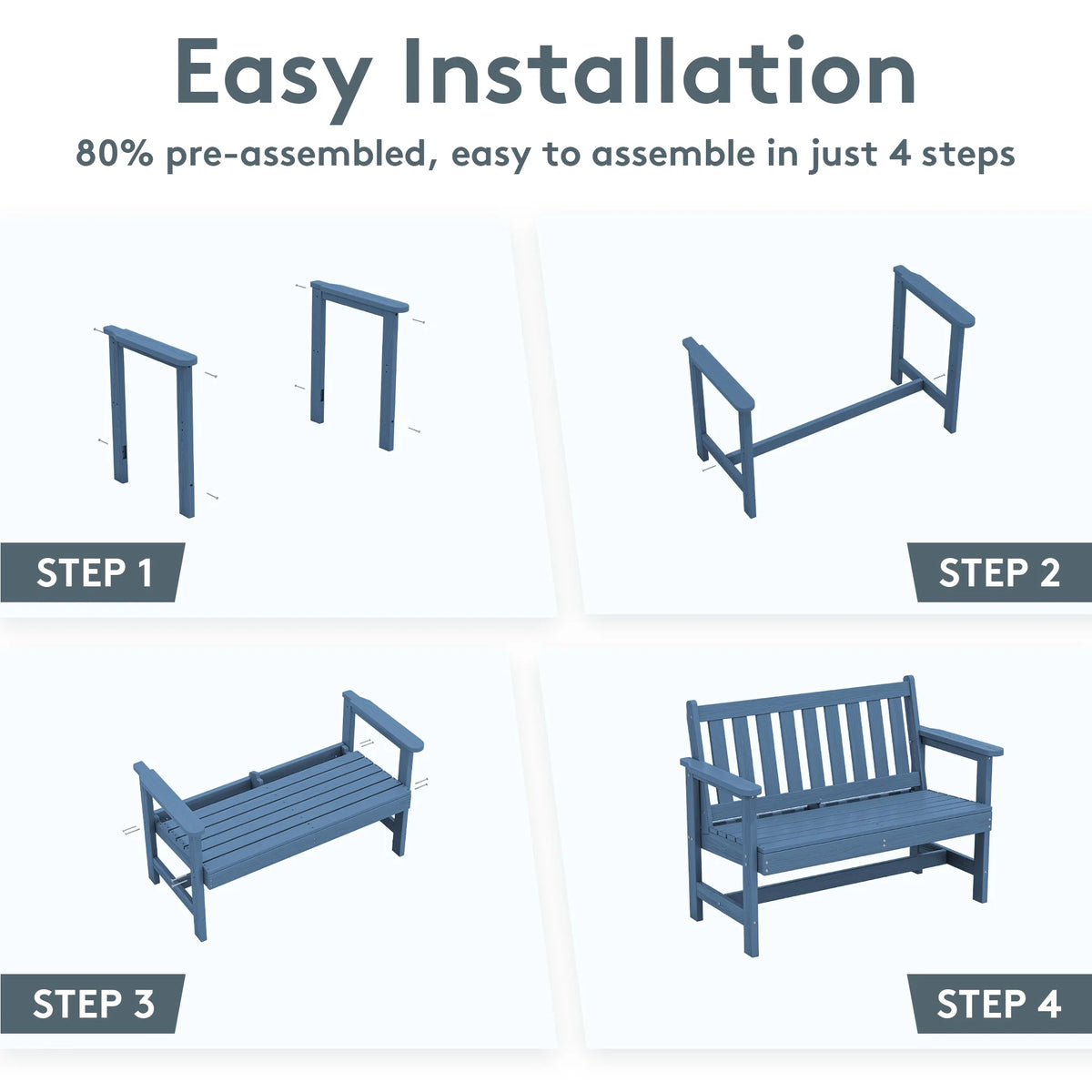 SERWALL Outdoor Bench for 2 - Person, Weather - Resistant HDPE with Aluminum Reinforcement, Supports 660 lb, Comfortable Seating for Patio, Garden, and Porch, Black