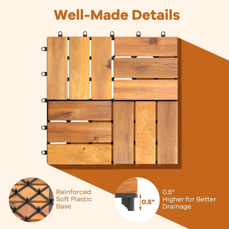 Interlocking Acacia Wood Decking Tiles — 27-Pack, 12″×12″ per Tile