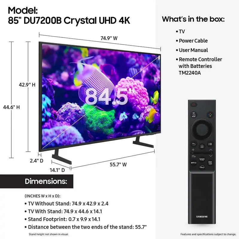 Samsung DU7200B 85-Inch 4K Smart TV – Motion Xcelerator, Object Tracking Sound Lite, HDR
