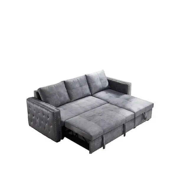 Reversible Gray Velvet L-Shaped Sleeper Sectional Sofa with Hidden Storage Compartment
