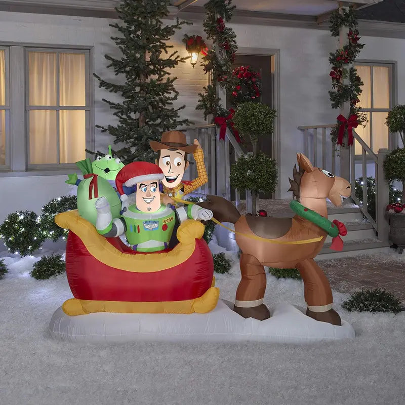Disney Toy Story Inflatable Yard Scene – Sleigh-Themed Holiday Decoration with LED Lights