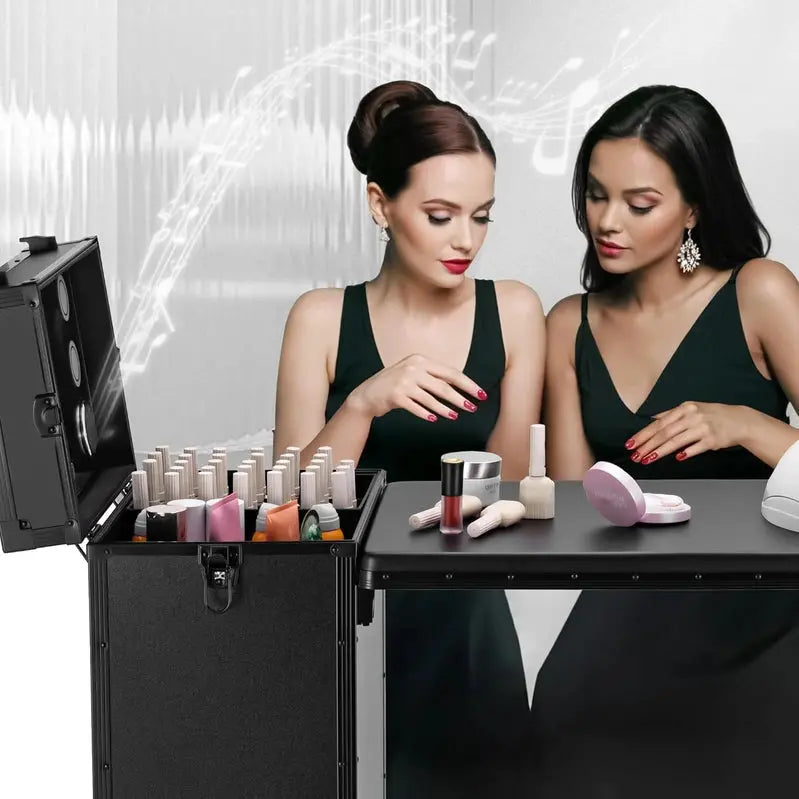 Rolling Manicure Station – LED Mirror, Built-in Bluetooth Speaker, Secure TSA Lock, and Storage Drawers