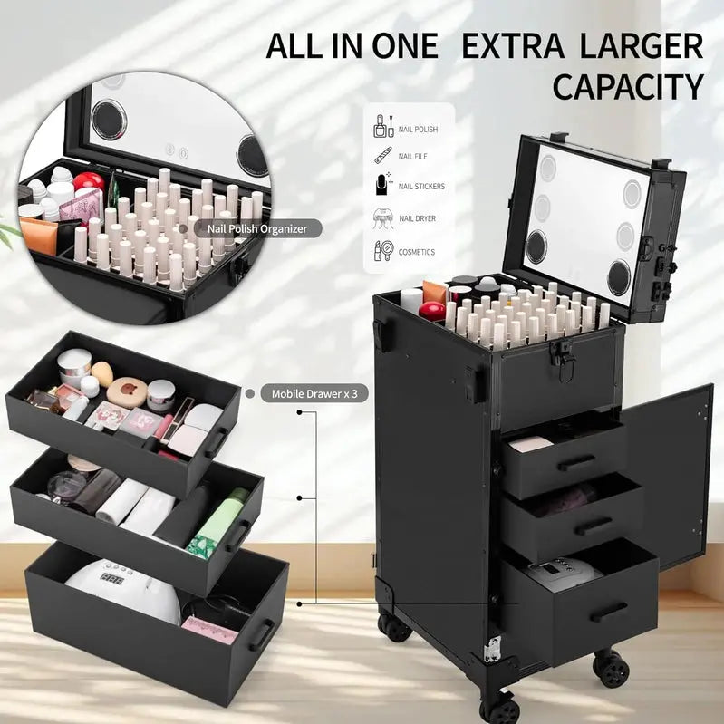 Rolling Manicure Station – LED Mirror, Built-in Bluetooth Speaker, Secure TSA Lock, and Storage Drawers