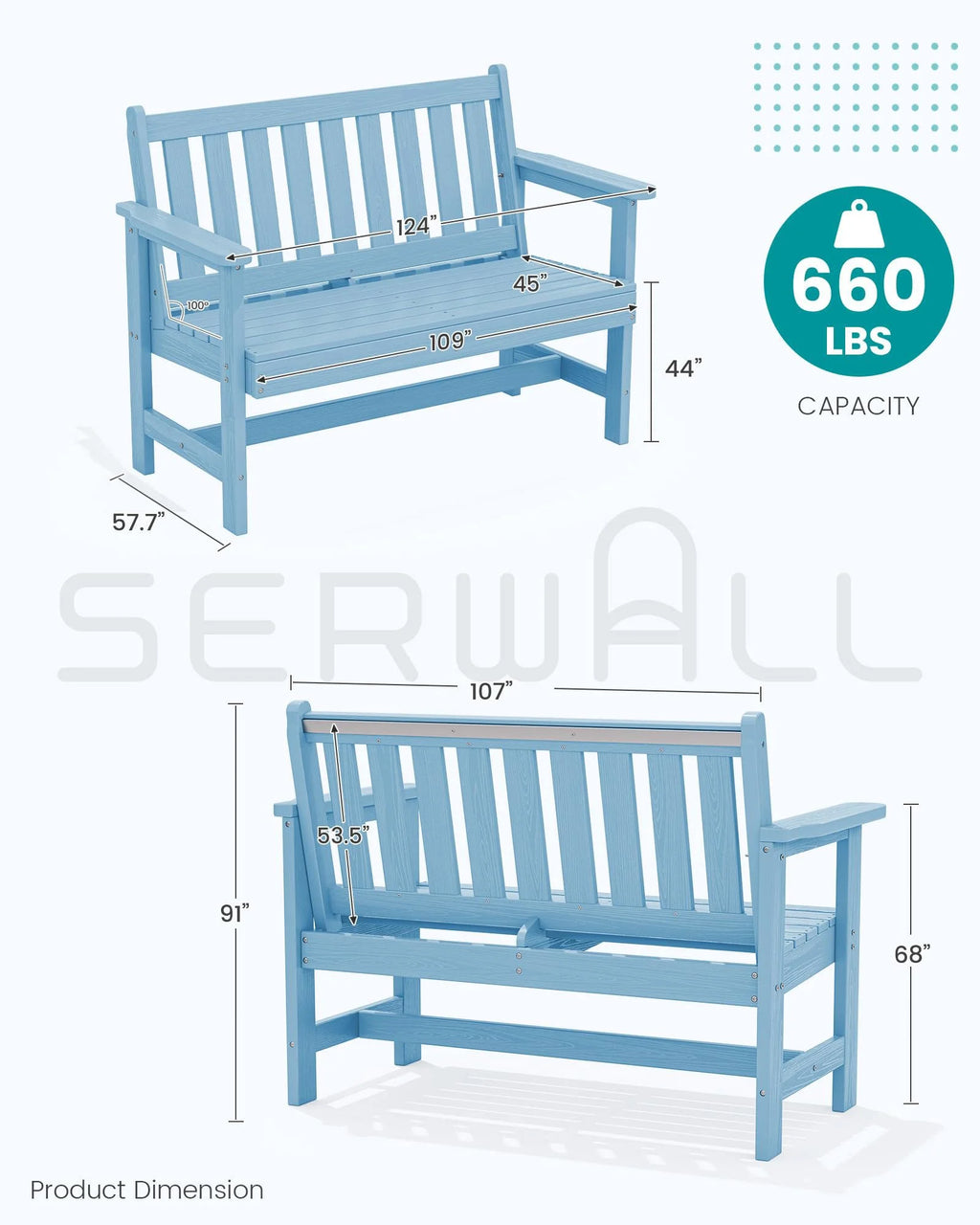 SERWALL Outdoor Bench for 2 - Person, Weather - Resistant HDPE with Aluminum Reinforcement, Supports 660 lb, Comfortable Seating for Patio, Garden, and Porch, Black