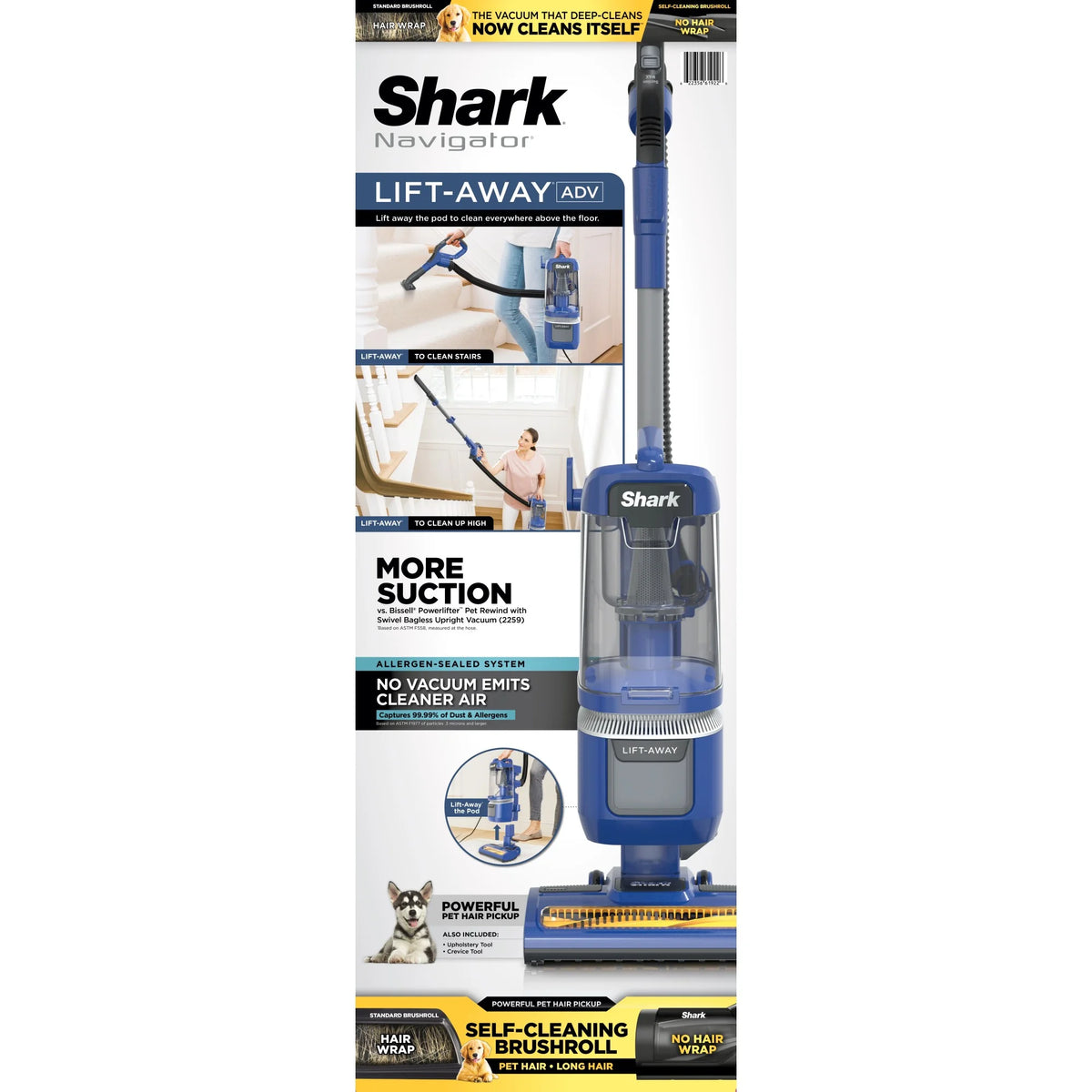Shark Upright Vacuum, Lift - Away ADV, Pet Friendly, Bagless, with Self - Cleaning Brushroll, Hard Floor and Carpet, Anti Allergen & Lightweight Design, LA360, Blue