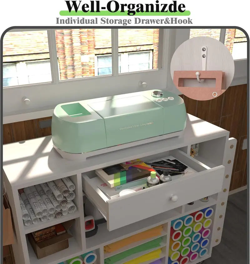 Rolling Craft Storage Cart for Cricut Machines – Mobile Workstation with Large Drawer, 48-Spool Vinyl Holder & Tabletop Surface
