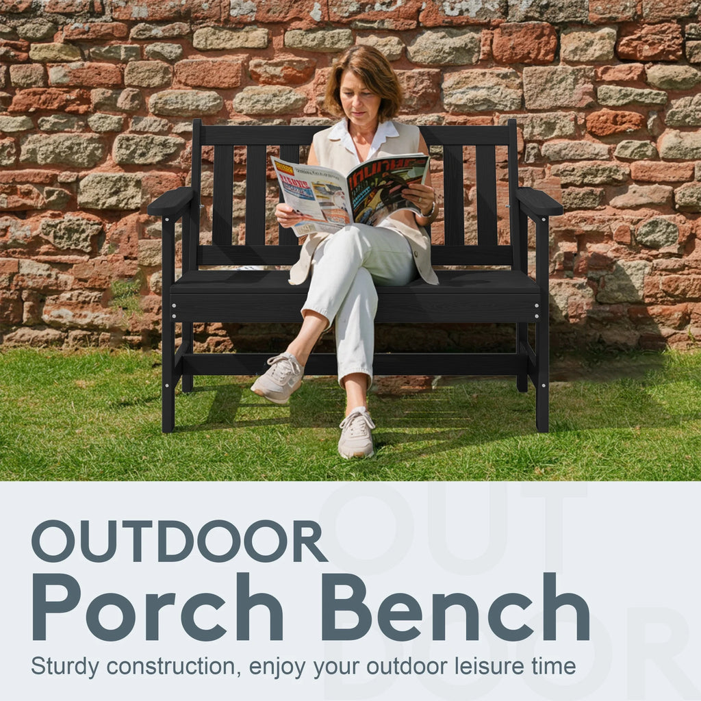 SERWALL Outdoor Bench for 2 - Person, Weather - Resistant HDPE with Aluminum Reinforcement, Supports 660 lb, Comfortable Seating for Patio, Garden, and Porch, Black