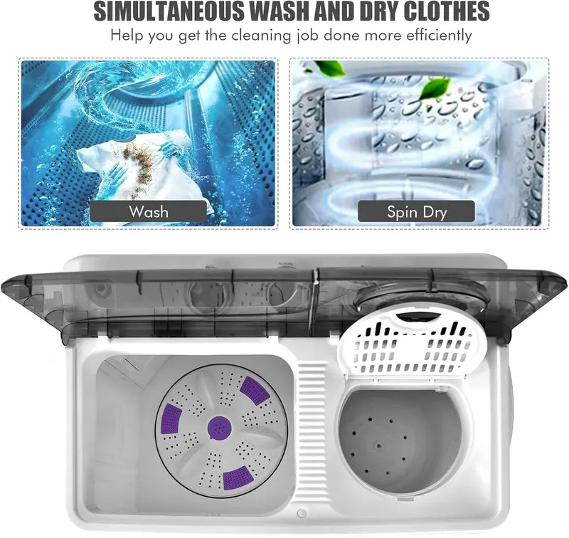 COSTWAY Twin-Tub Portable Washer – 26 lb Total Capacity (18 lb Wash + 8 lb Spin), Built-in Drain Pump & Timer Knob for Small Spaces