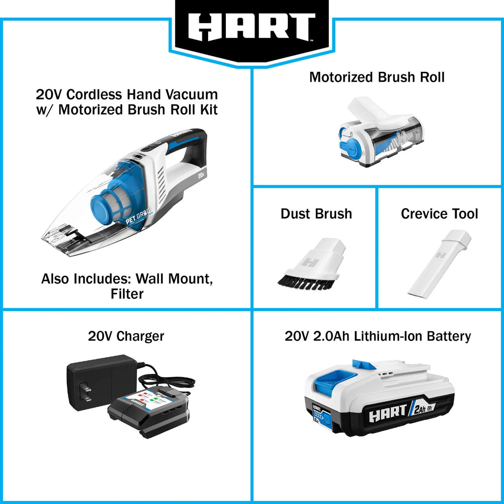 HART 20 - Volt Cordless Hand Vacuum Kit with Multi - Surface Motorized Brush Roll, HPHV34B