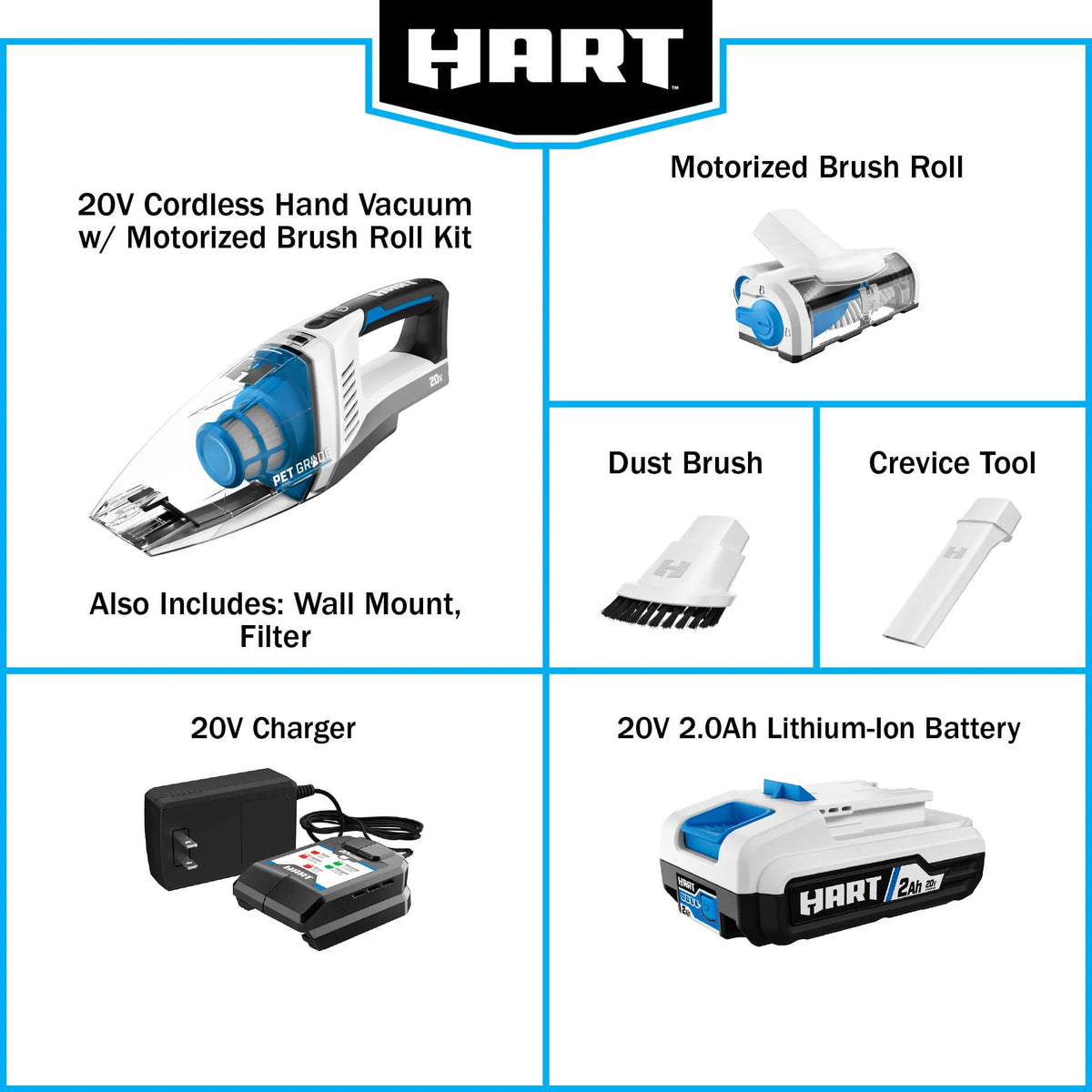HART 20 - Volt Cordless Hand Vacuum Kit with Multi - Surface Motorized Brush Roll, HPHV34B