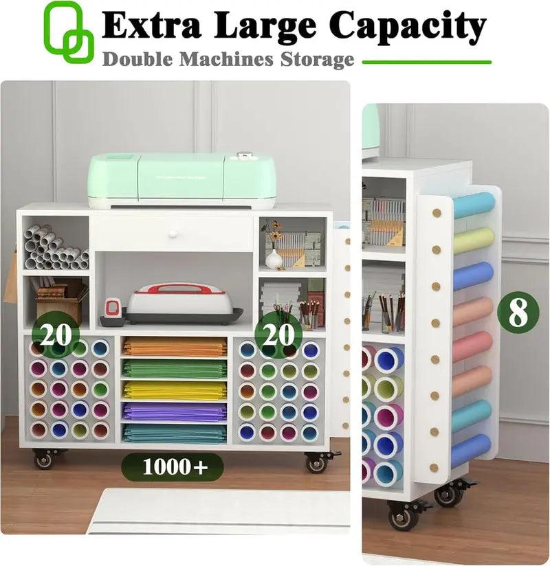 Rolling Craft Storage Cart for Cricut Machines – Mobile Workstation with Large Drawer, 48-Spool Vinyl Holder & Tabletop Surface
