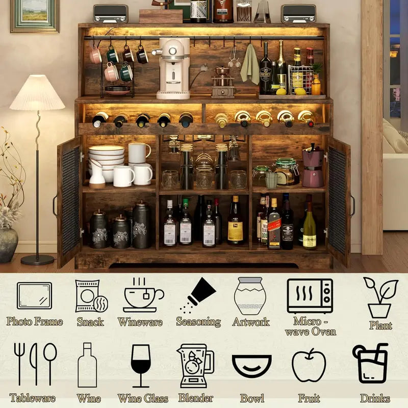 LED-Illuminated Wine & Liquor Bar Cabinet – Multi-Function Coffee Bar with Glass Holders & Buffet Storage