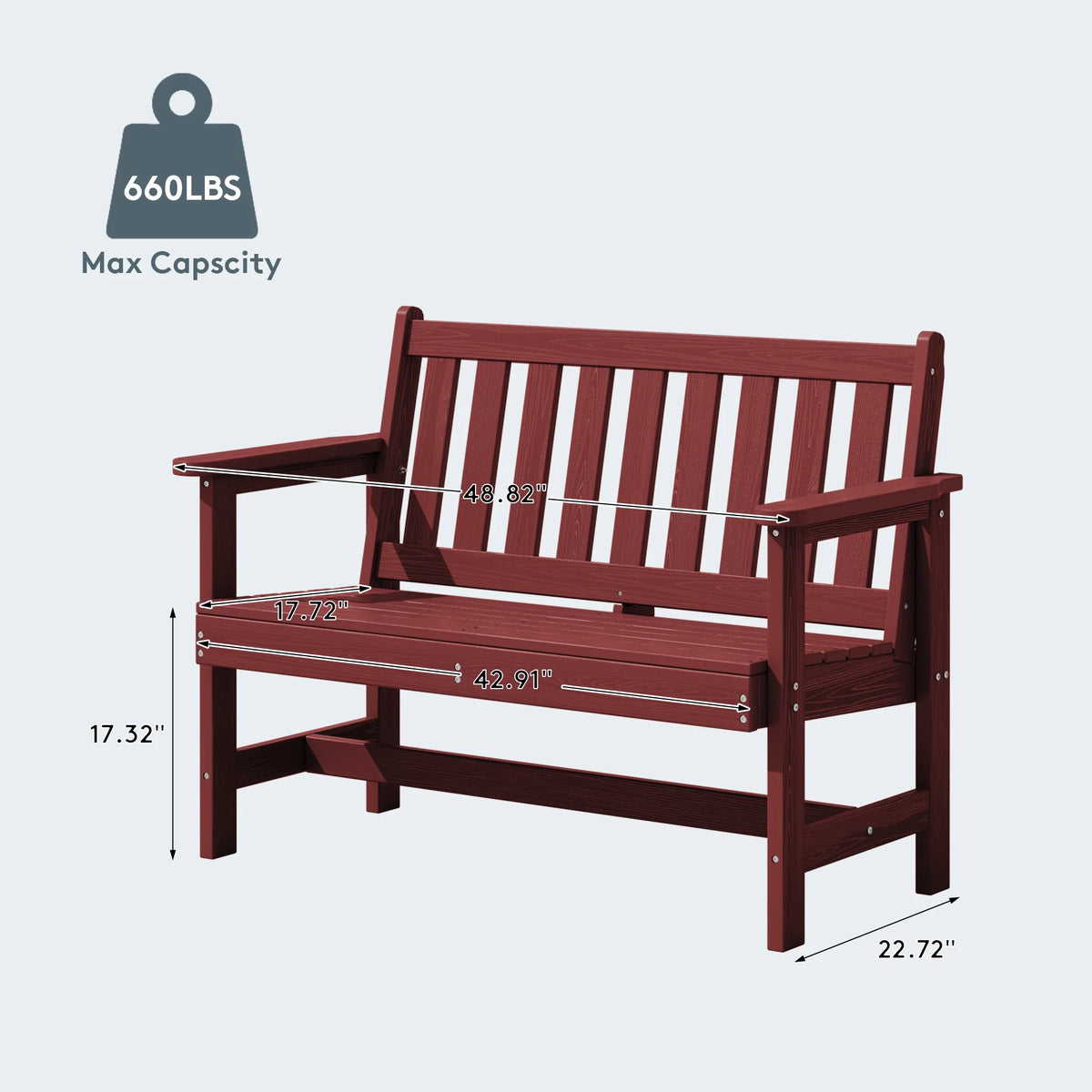 SERWALL Outdoor Bench for 2 - Person, Weather - Resistant HDPE with Aluminum Reinforcement, Supports 660 lb, Comfortable Seating for Patio, Garden, and Porch, Black