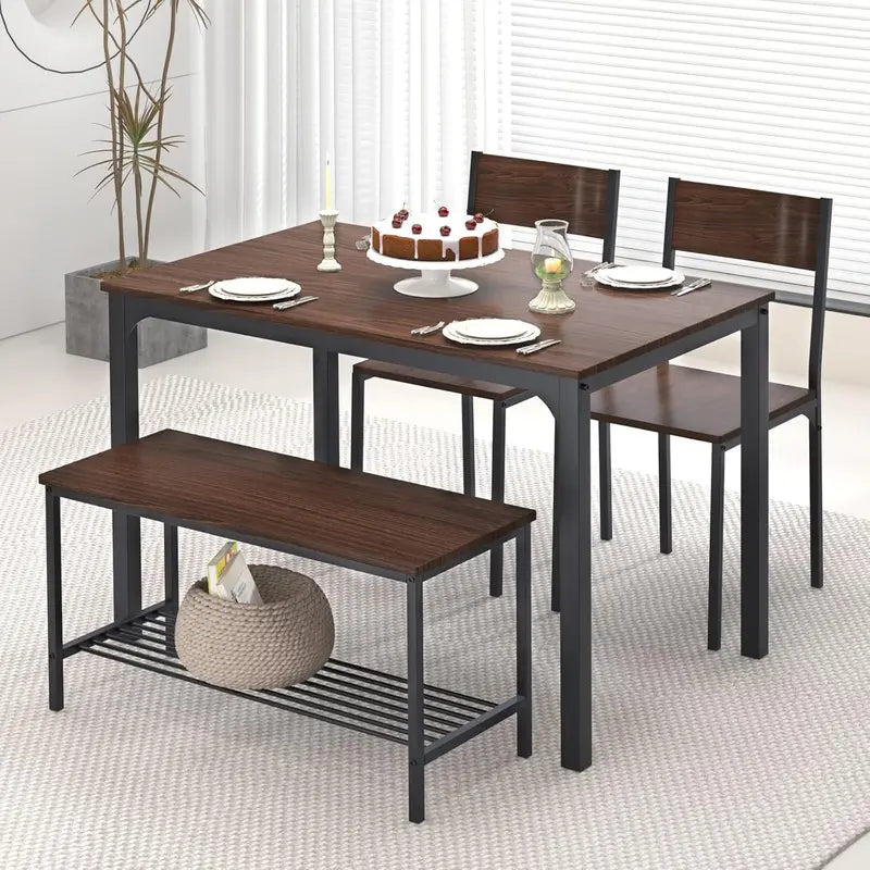 Compact Dining Set: Rectangular Table with 2 Chairs and 1 Bench – Modern Bistro-Style Setup for Small Spaces