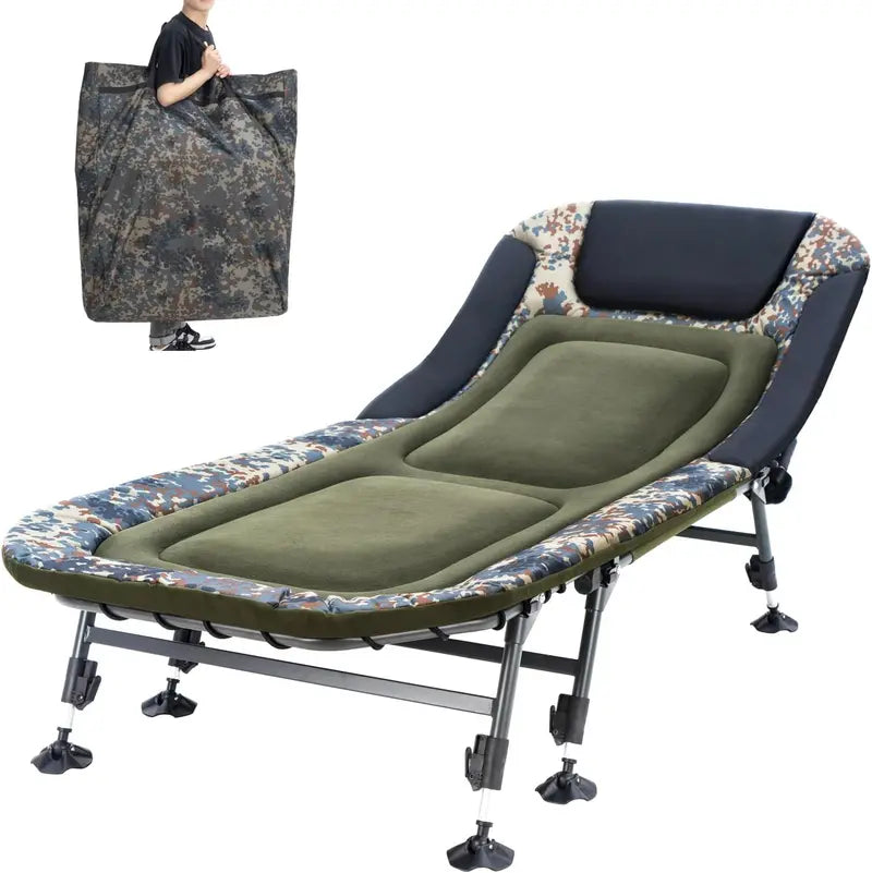 Portable Military Camping Cot for Adults 330lbs – Heavy Duty Folding Bed with Soft Padded Cushion, 180° Adjustable Reclining Outdoor Lounger, Green
