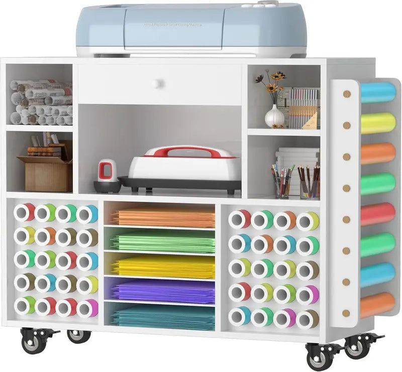 Rolling Craft Storage Cart for Cricut Machines – Mobile Workstation with Large Drawer, 48-Spool Vinyl Holder & Tabletop Surface
