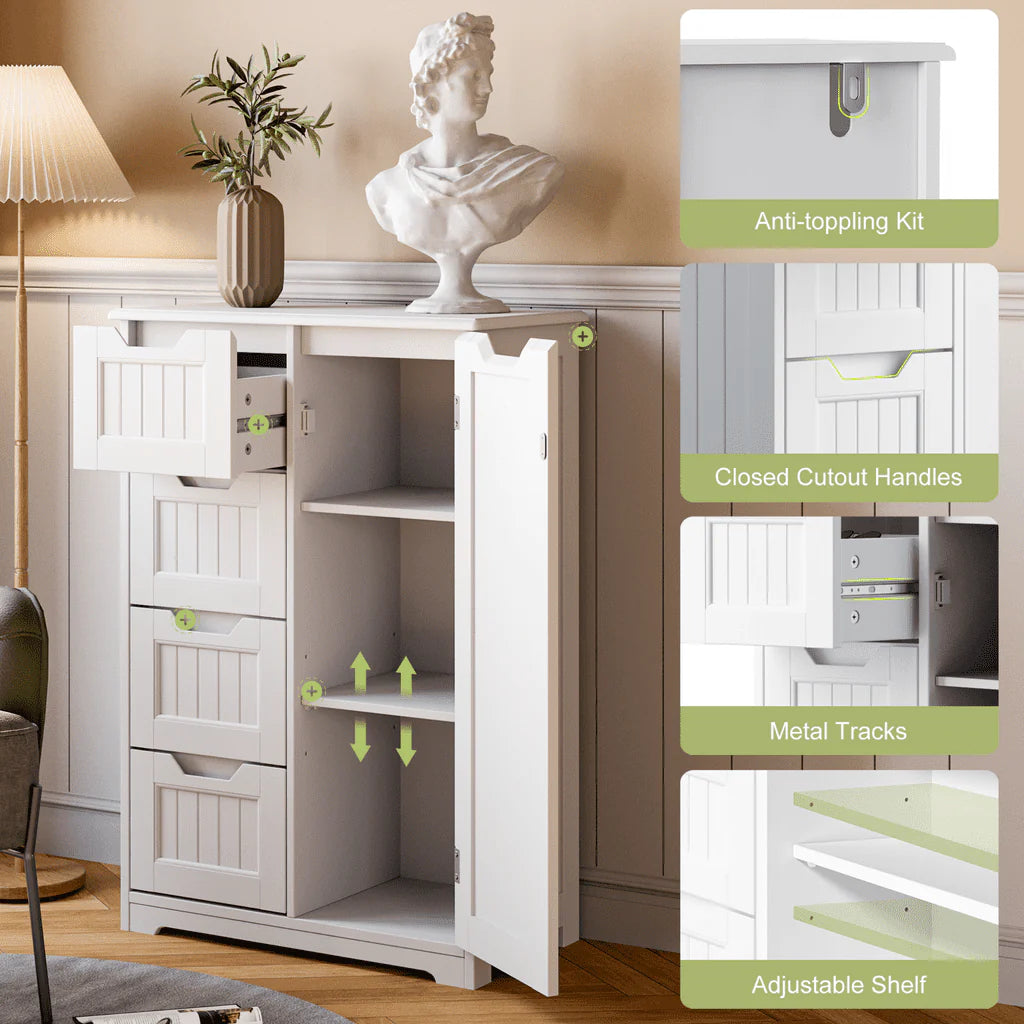 Aiho 33.5 "h Wooden Bathroom Floor Cabinet with 4 Drawers and 1 Door for Bathroom, Kitchen, Bedroom - White