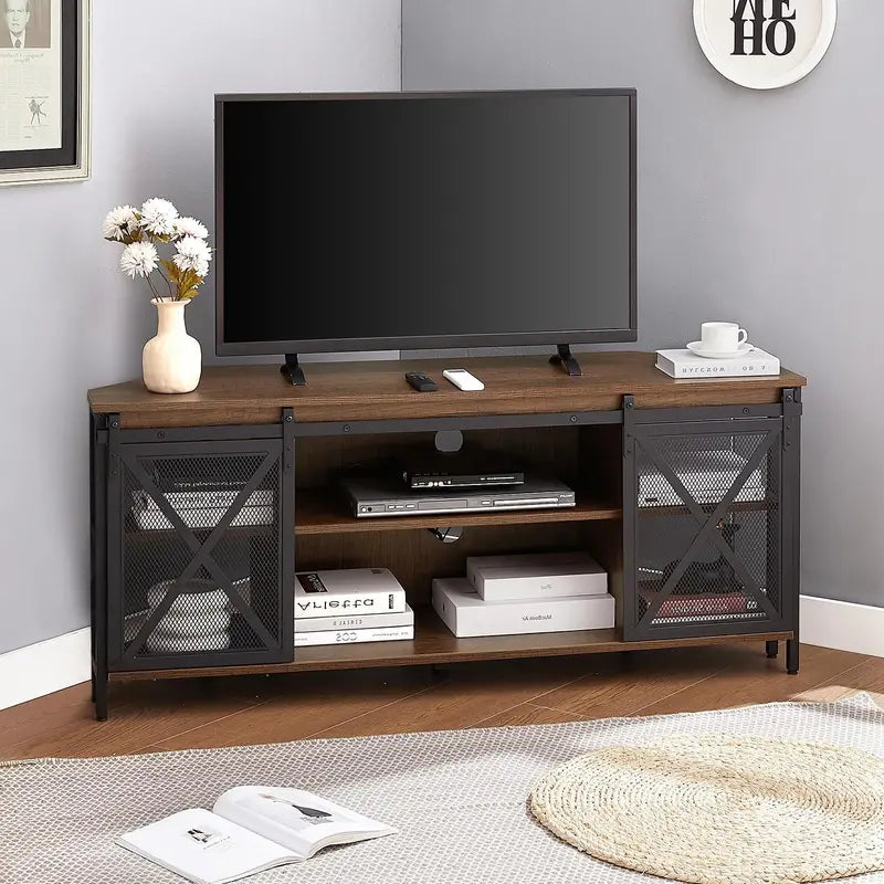 Rustic Corner TV Stand for 55-Inch Screens with Ample Storage Compartments
