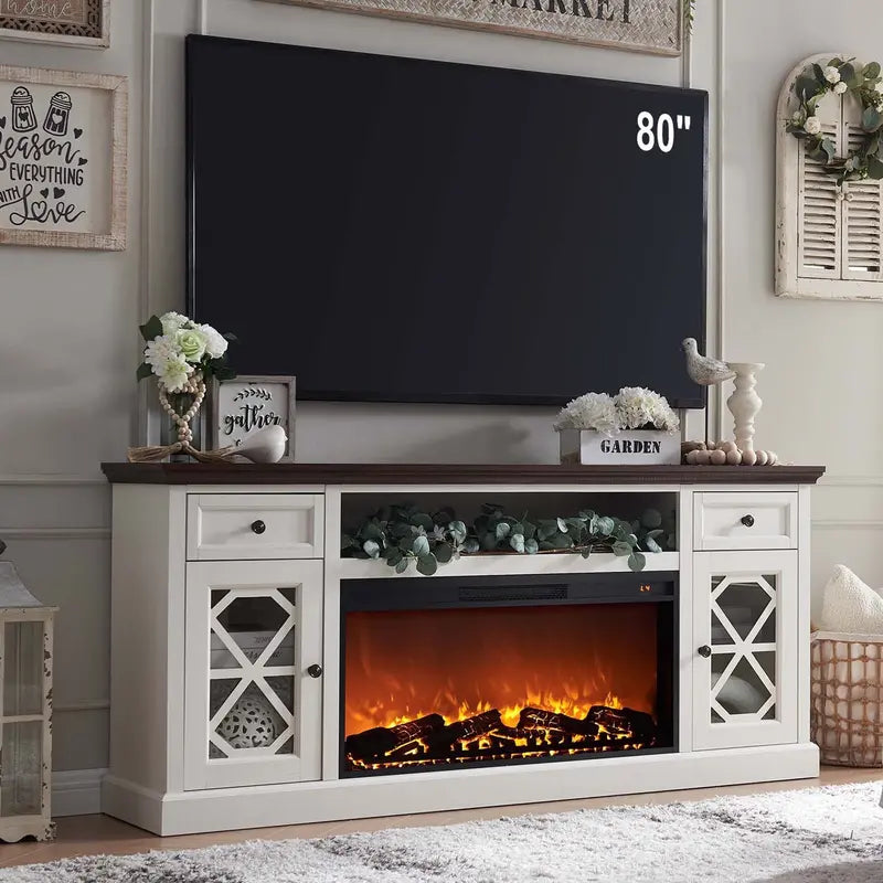 SinCiDo Farmhouse TV Stand with Built-in Electric Fireplace – 36″ Flame, Supports 80″ TVs, White