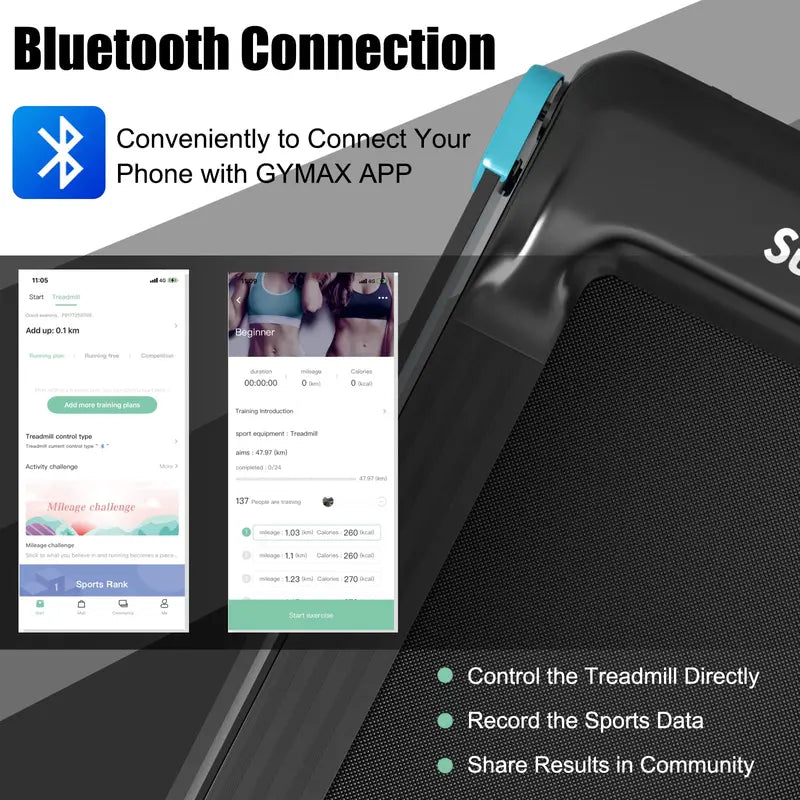Smart Folding Treadmill – Compact Superfit Model with Bluetooth Speaker and App Connectivity