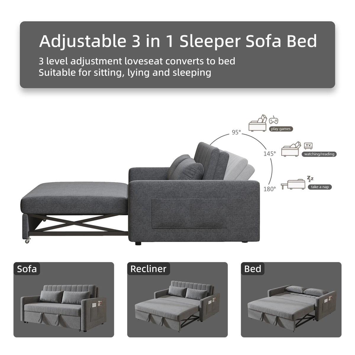 Noodeniya 54" Twins Pull Out Sofa Bed, Modern Convertible Sleeper Couch, Fabric Loveseat for Small Place, Light Gray