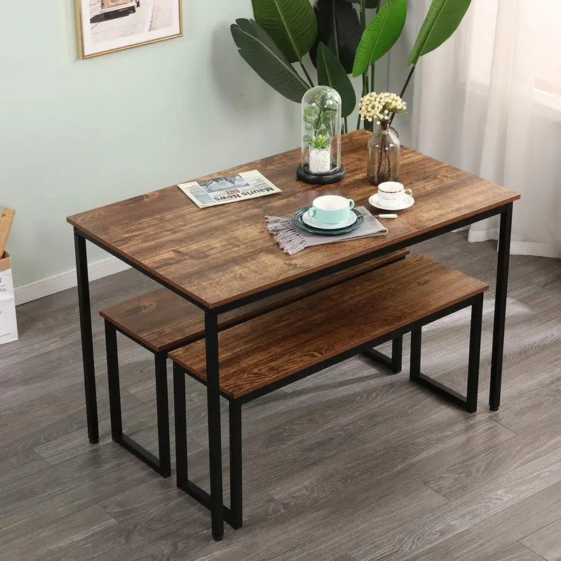 Soho-Style 3-Piece Dining Set for 4 – Space-Saving Rectangular Table with Two Benches in Brown