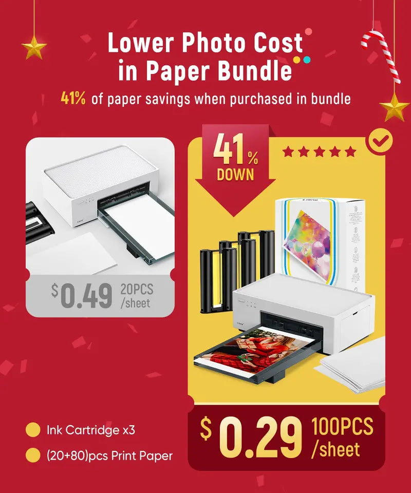 Liene 4×6 Wireless Photo Printer – Thermal Dye-Sublimation, 100-Sheet Bundle, iPhone & Android Compatible