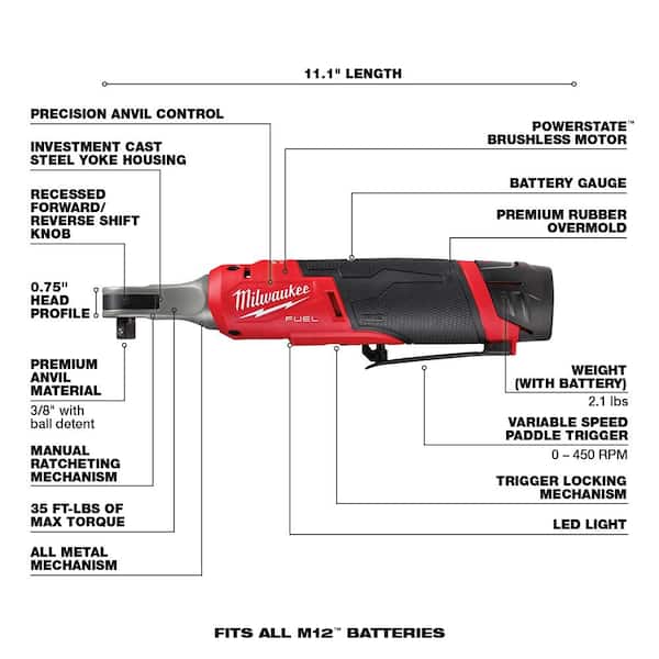 M12 FUEL 12V Li - Ion Brushless Cordless High Speed 3/8 In. Ratchet and M12 FUEL High Speed 1/4 In. Ratchet Combo Kit