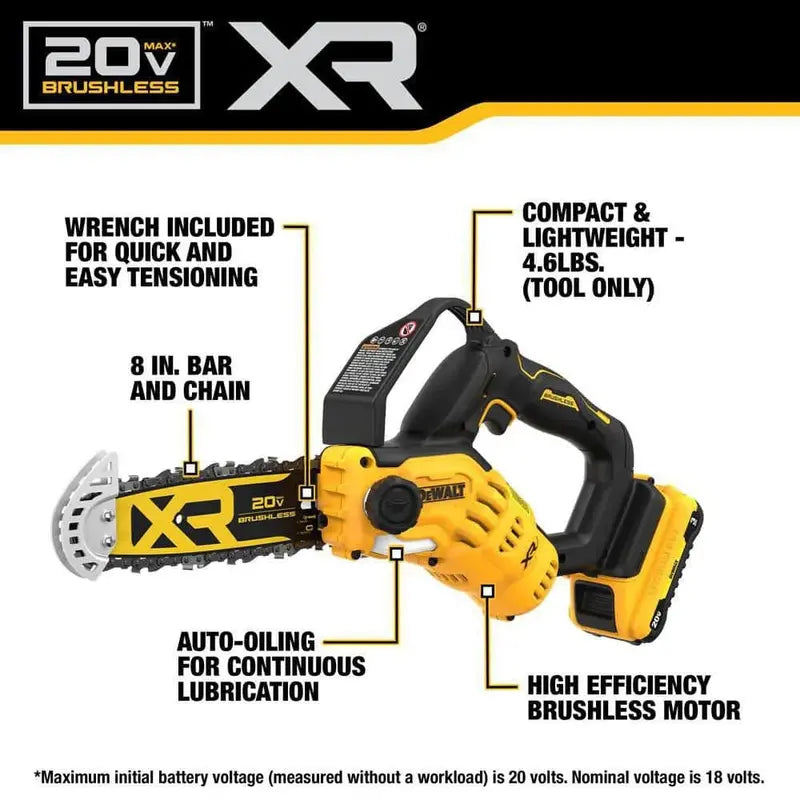 DEWALT DCCS623L1 8-Inch Battery Chainsaw – 20V MAX Pruning Saw Kit with 3Ah Battery and Charger