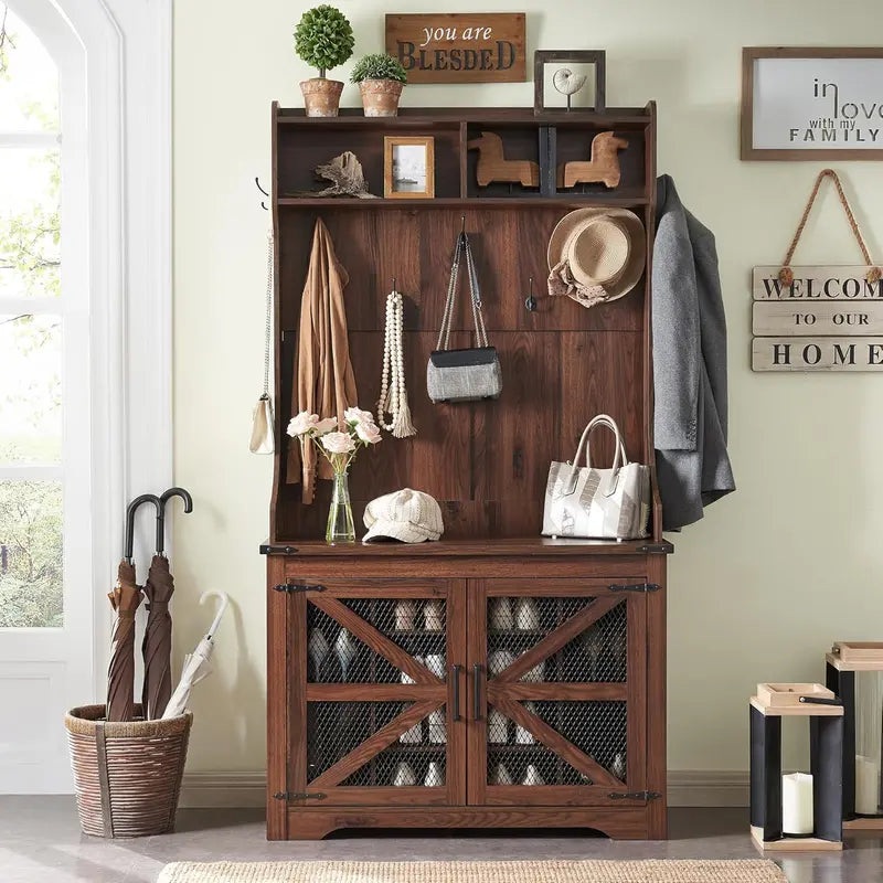 JXQTLINGMU 59-Inch Farmhouse Hall Tree – Entryway Bench with 20 Cubbies, 12 Hooks, Sliding Barn Doors, and Shoe Storage